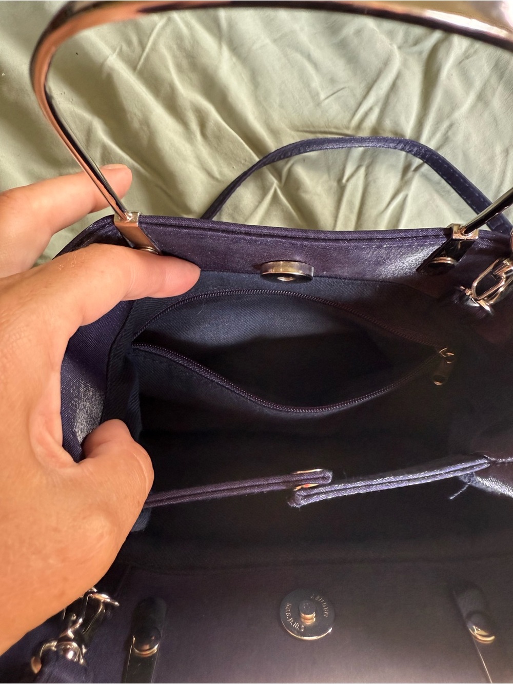 Structured Navy Shoulder Bag with Silver Tone Handles - Picture 8 of 9
